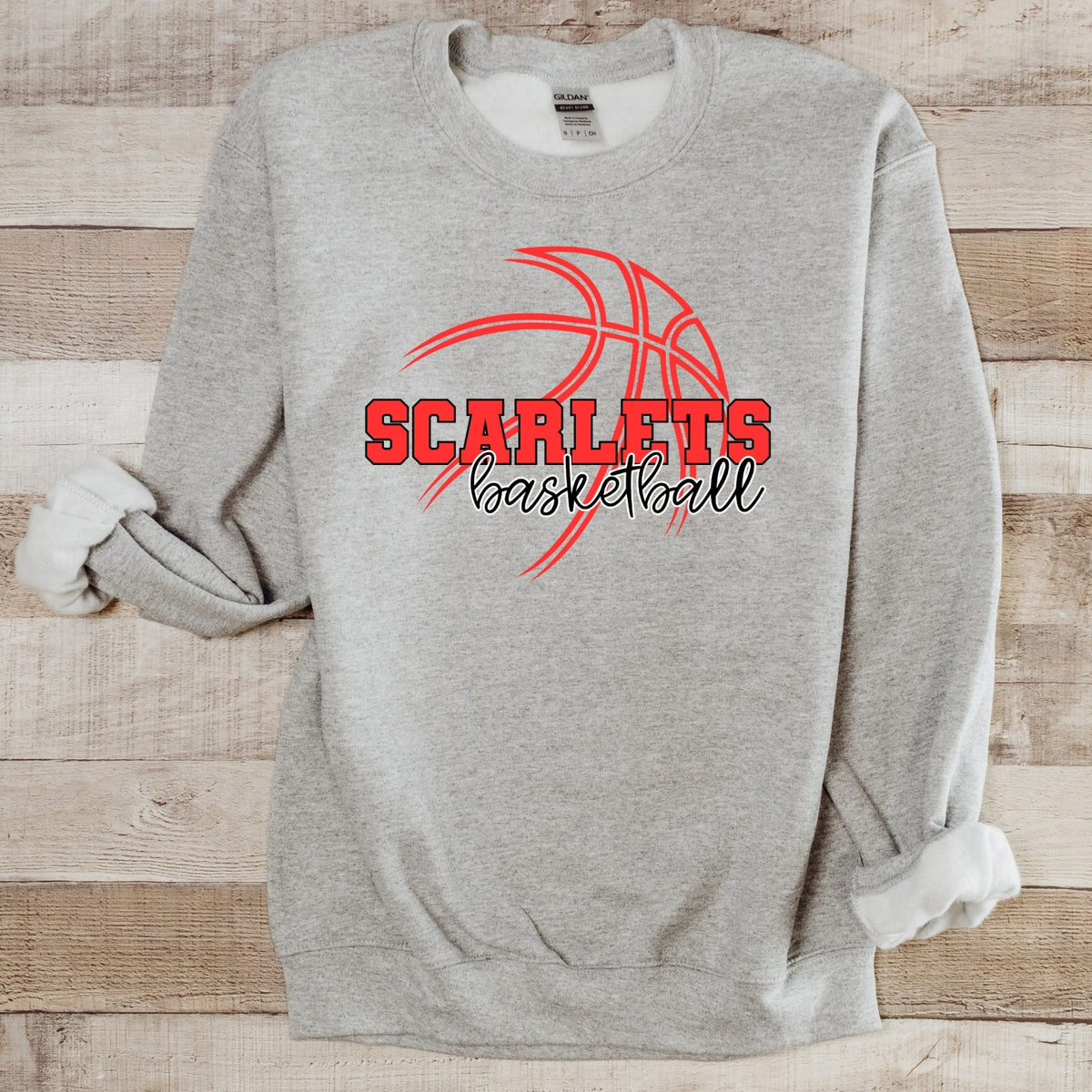 Scarlets basketball grey crewneck flat lay
