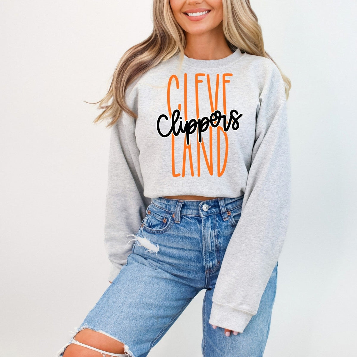 Cleveland Clippers design on Ash Grey crewneck sweatshirt