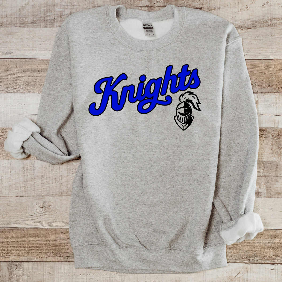 Knights script flat lay grey crewneck