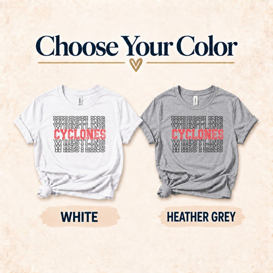 St. Clair Cyclones wrestling design on White and Heather Grey shirts