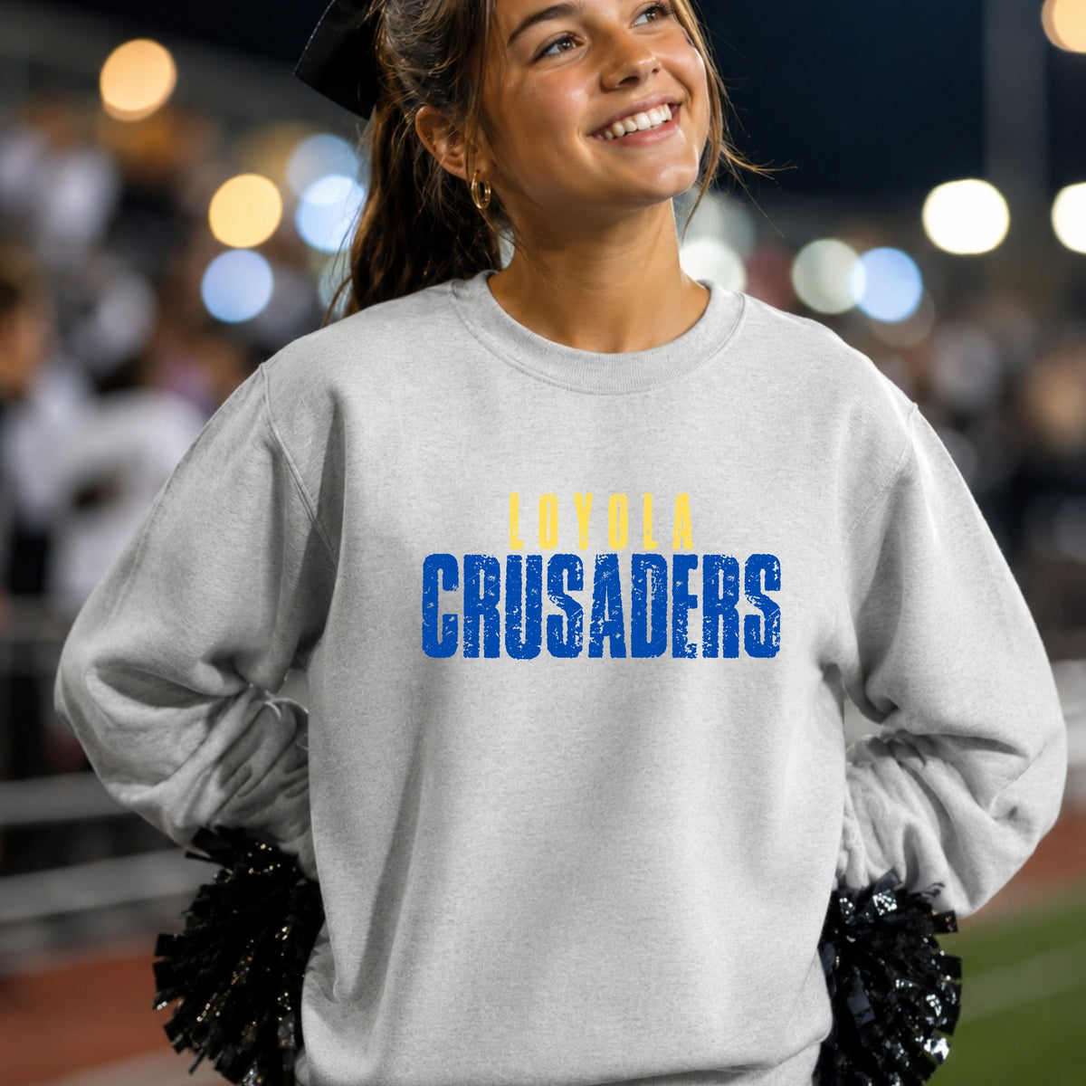 Loyola Crusaders distressed design on Ash Grey women's crewneck game day mockup