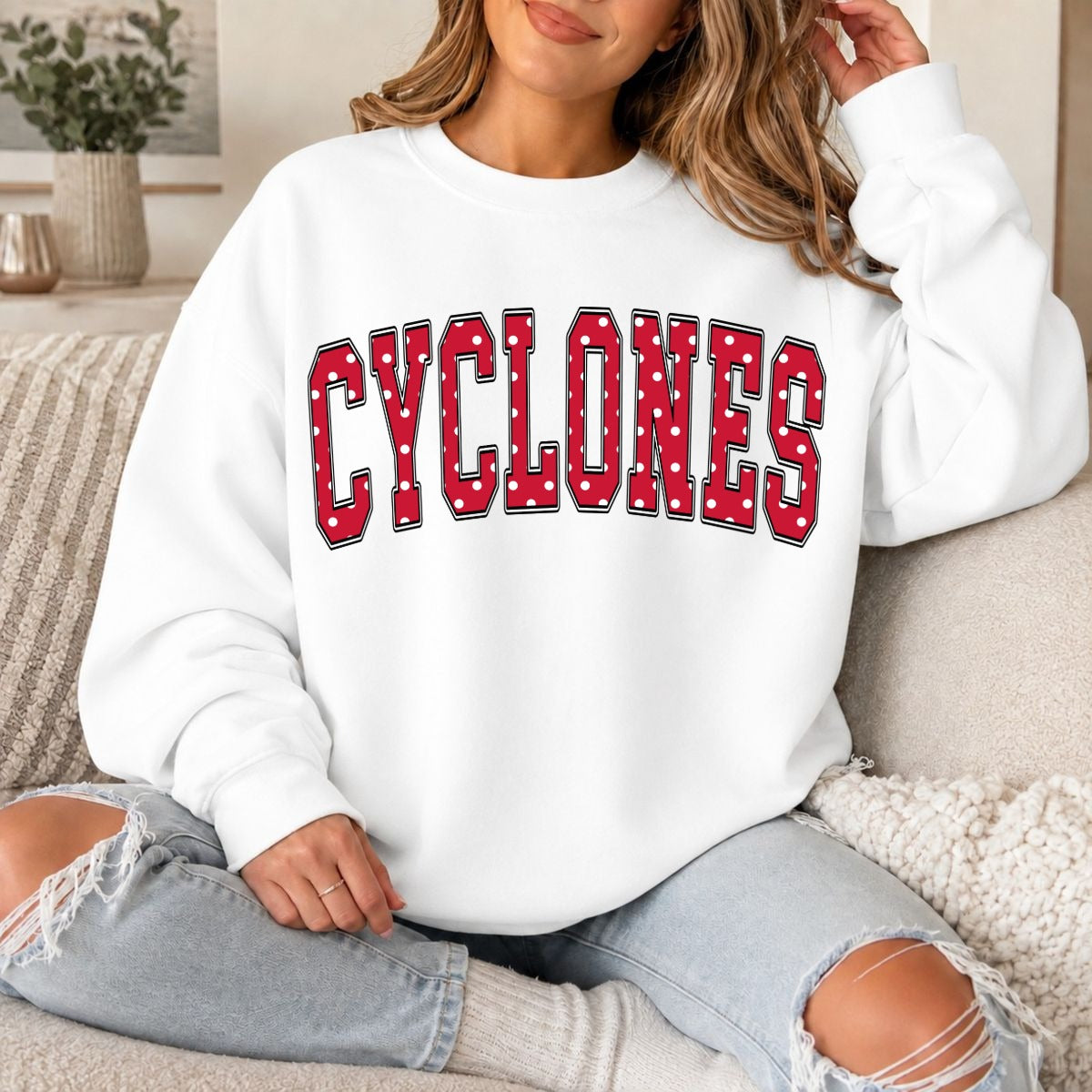 cyclones-red polka dot varsity design on white sweatshirt