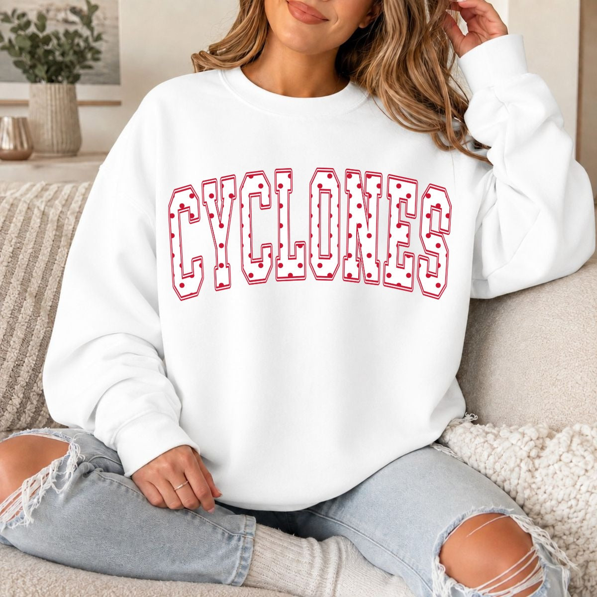 cyclones-white polka dot varsity design on white sweatshirt