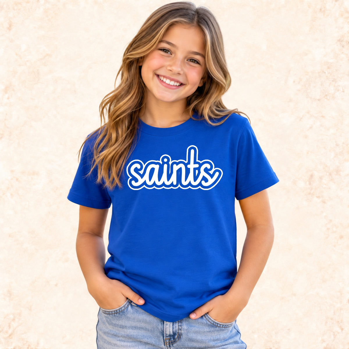 St. Peter Saints white cursive design on Royal Blue T-shirt