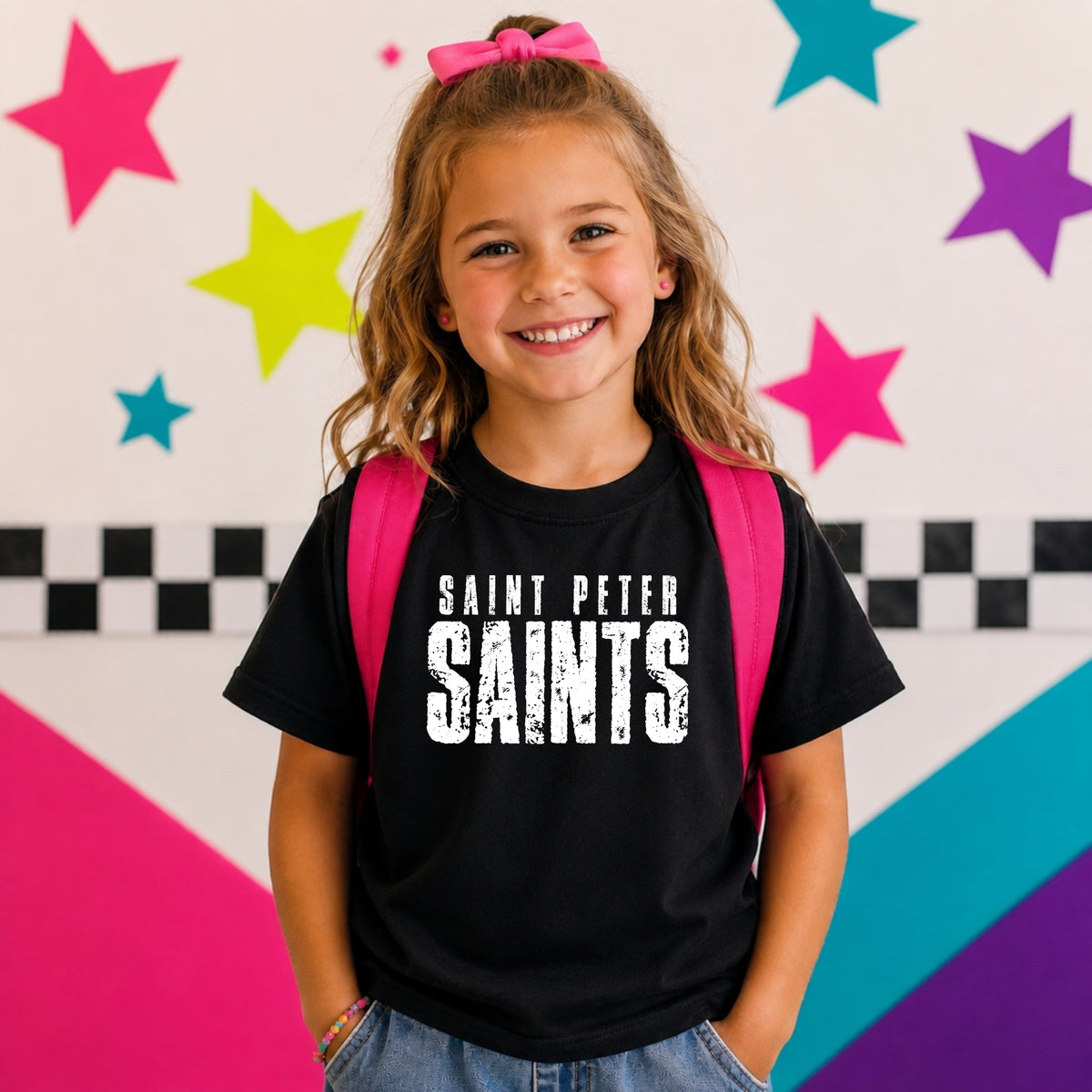 Distressed Saints white design on black youth T-shirt mockup