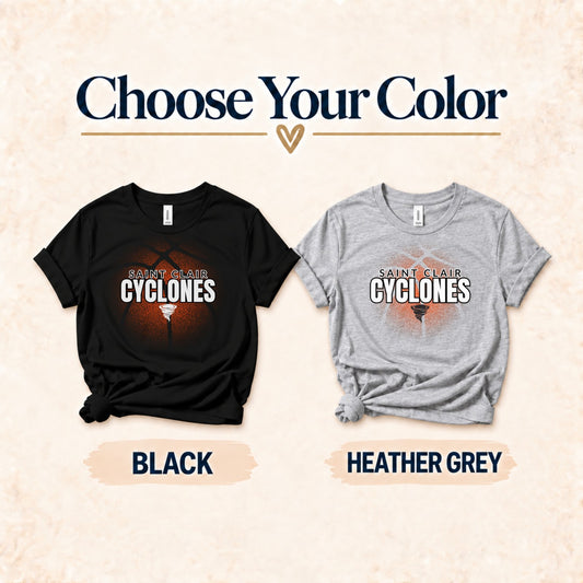 Choose your color: St. Clair Cyclones basketball design on Black and Heather Grey shirts
