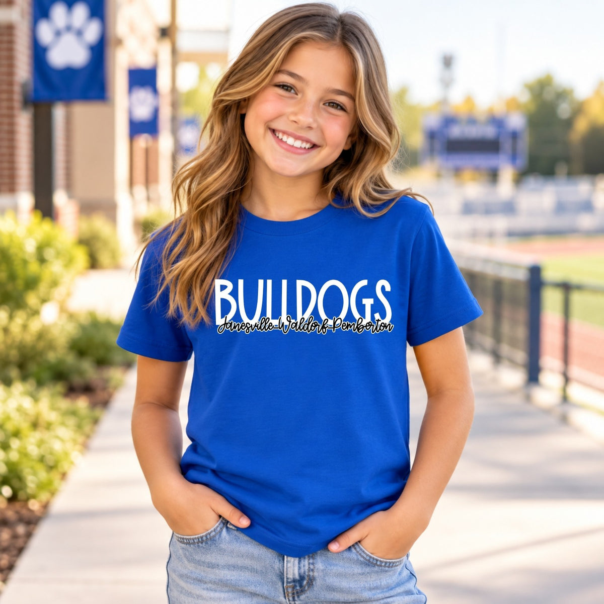 Youth blue T-shirt model wearing JWP Bulldogs spirit design
