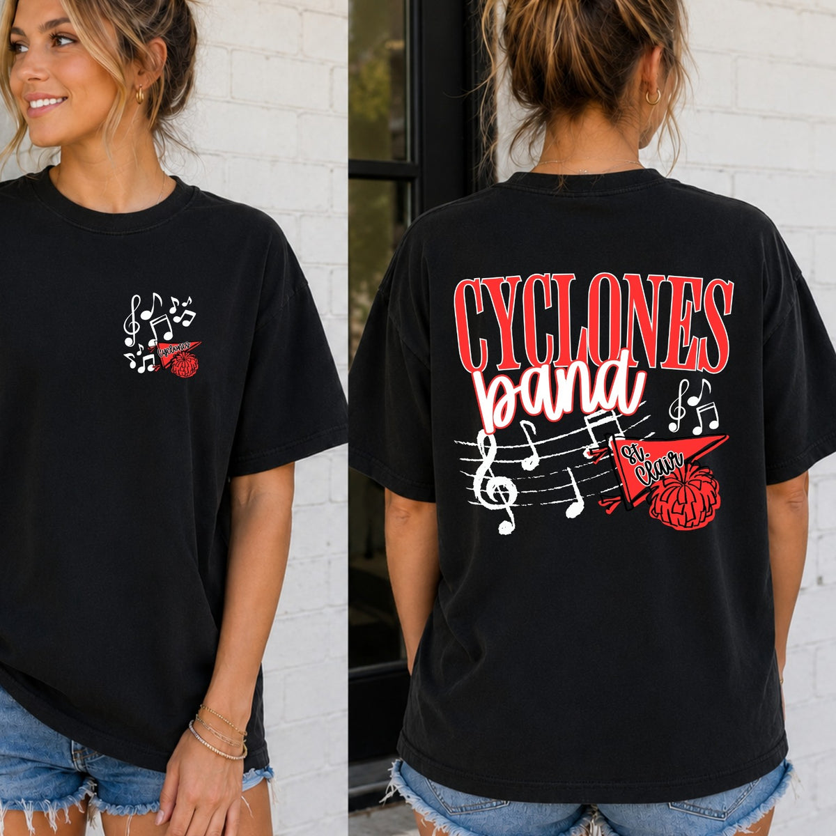 Black St. Clair Cyclones Band shirt showing front chest and full back graphics