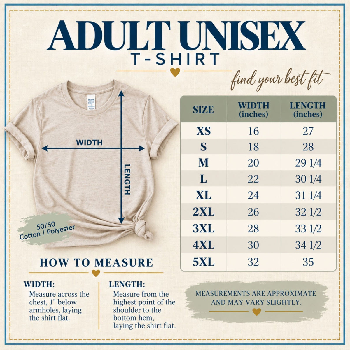 Adult unisex T-shirt size chart with chest width and garment length measurements