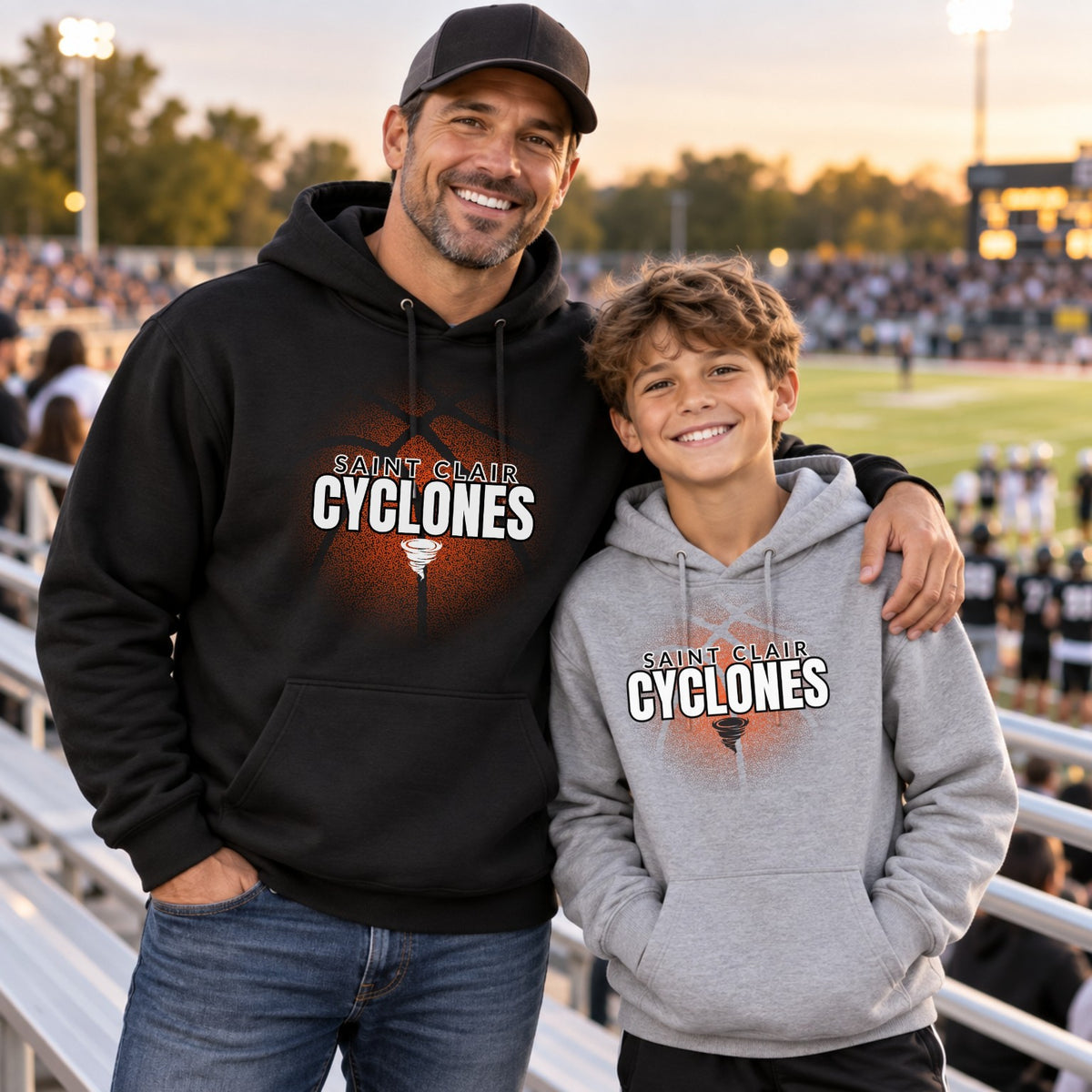 St. Clair Cyclones basketball design shown on adult and youth hoodies