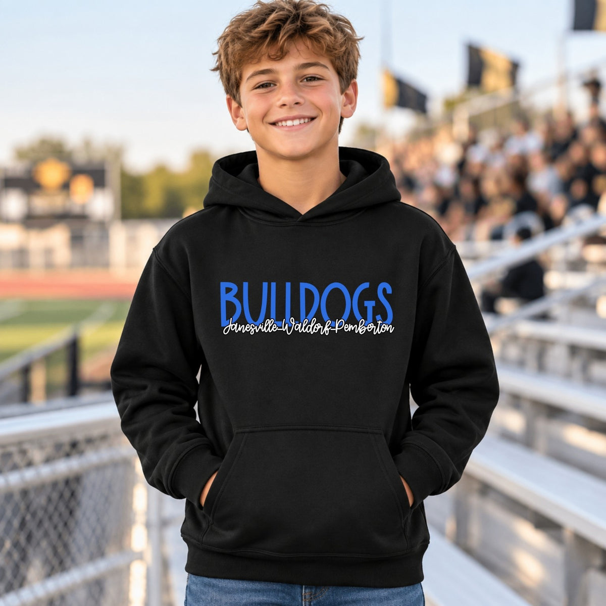 Youth black hoodie model wearing JWP Bulldogs spirit design