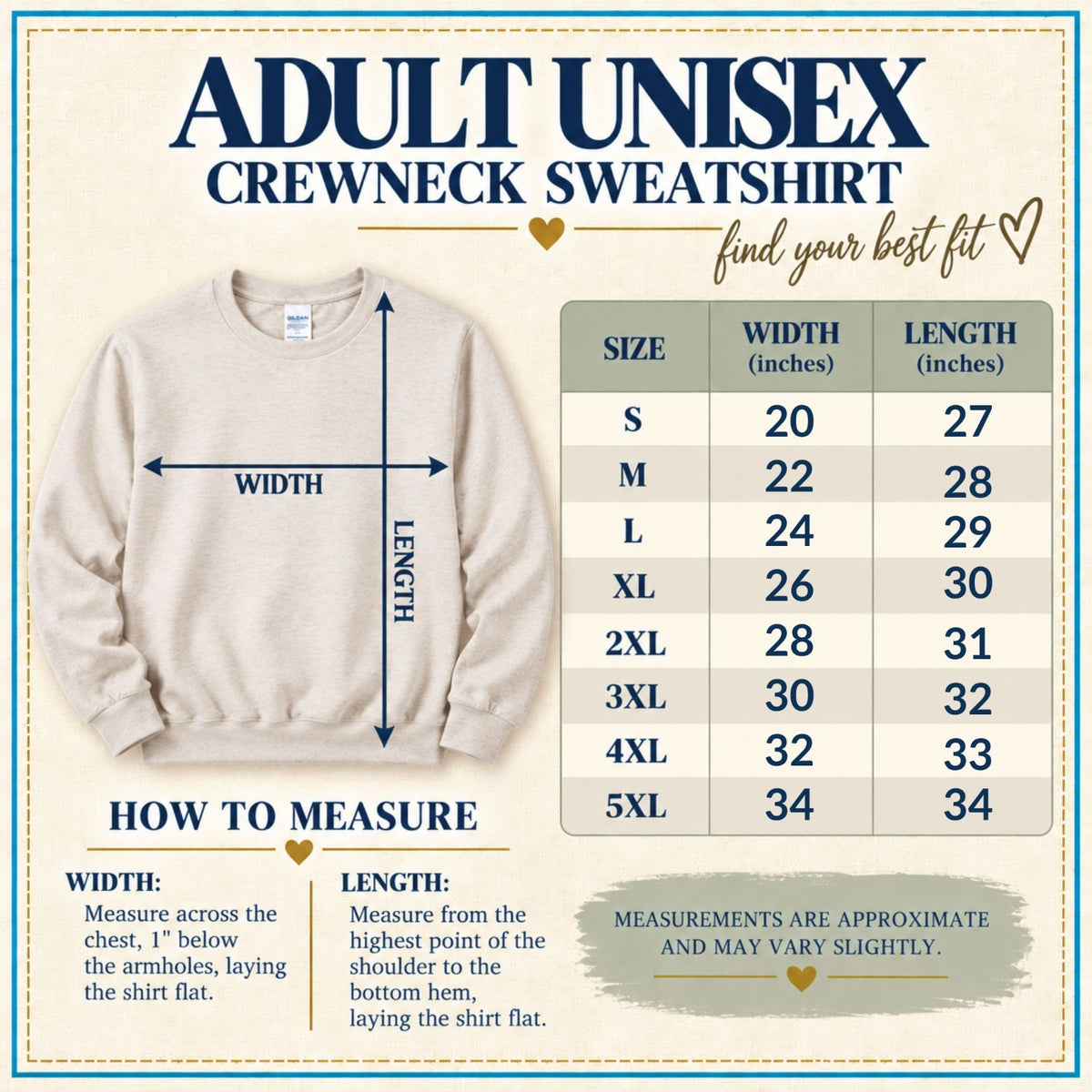 Adult unisex crewneck sweatshirt size chart with chest width and garment length measurements