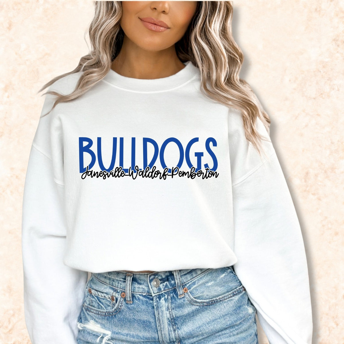 Adult white crewneck model wearing JWP Bulldogs spirit design