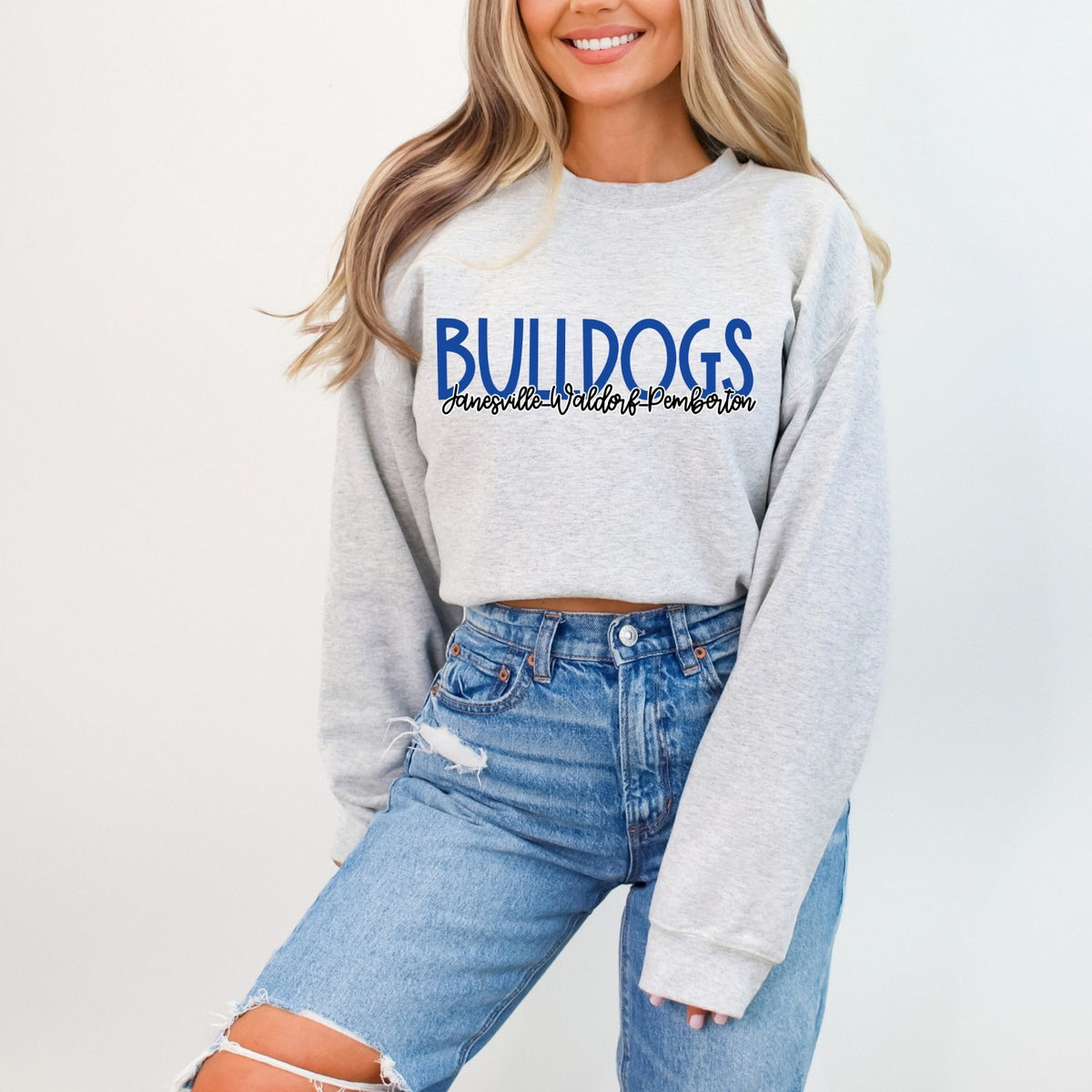 Adult Ash Grey long sleeve model wearing JWP Bulldogs spirit design
