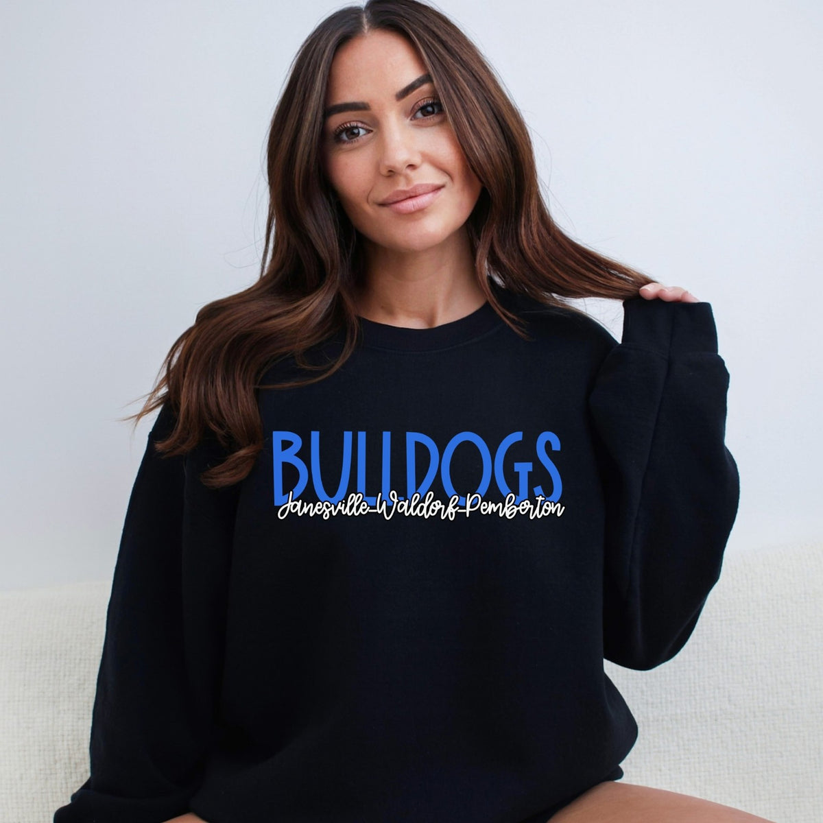 Adult black crewneck model wearing JWP Bulldogs spirit design