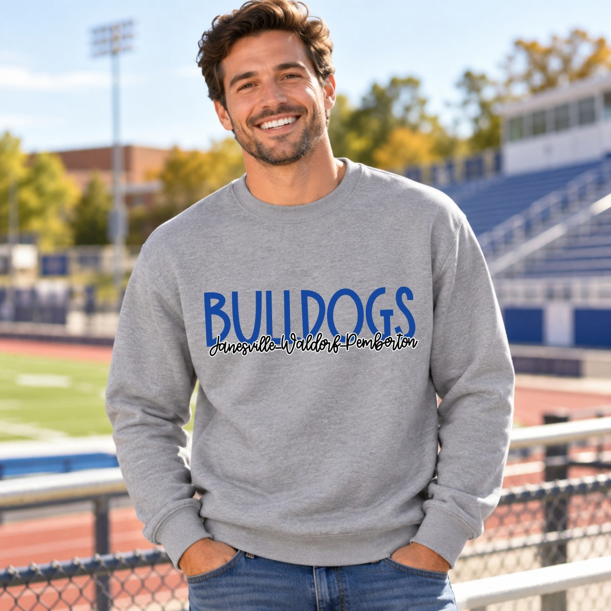 Adult Ash Grey crewneck model wearing JWP Bulldogs spirit design