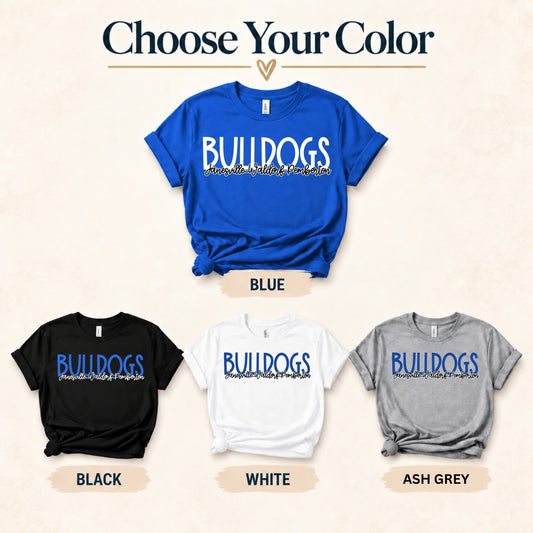 JWP Bulldogs choose your color mockup in Blue, Black, White, and Ash Grey