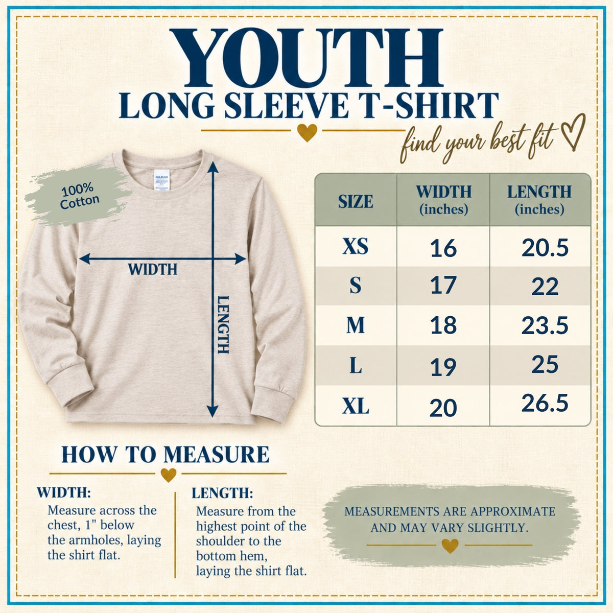 Youth crewneck sweatshirt size chart with chest width and garment length measurements