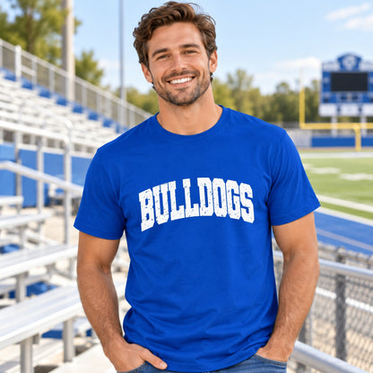 Adult model wearing royal blue JWP Bulldogs White Distressed T-shirt