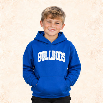 Youth model wearing royal blue JWP Bulldogs White Distressed hoodie