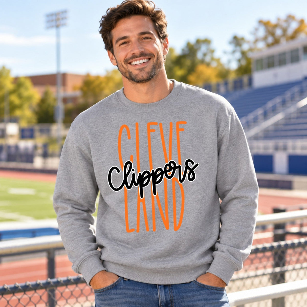 Cleveland Clippers design on Ash Grey adult crewneck sweatshirt