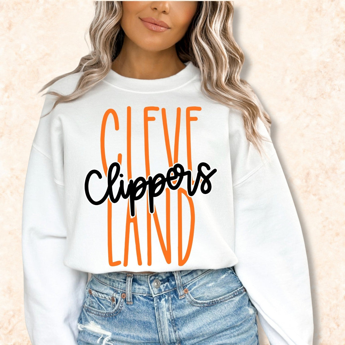 Cleveland Clippers design on White crewneck sweatshirt