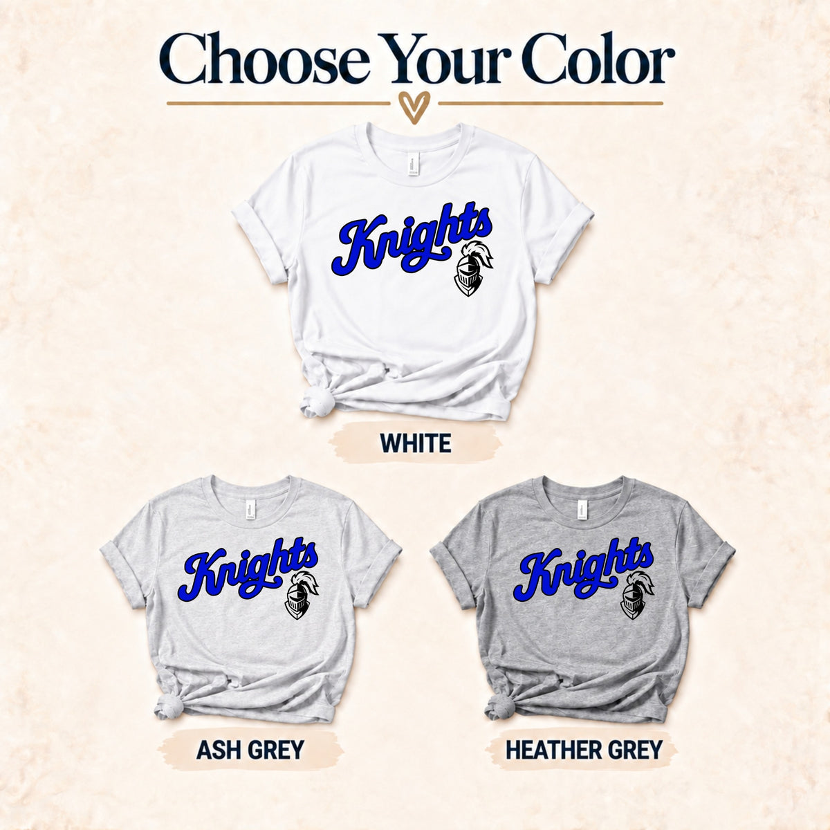 Knights script color comparison White Ash Grey Heather Grey