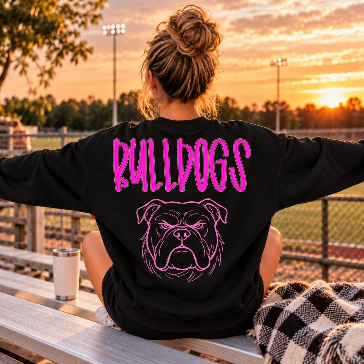 Pink Bulldogs lettering and bulldog back print on black sweatshirt