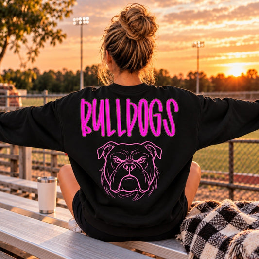 Pink Bulldogs lettering and bulldog back print on black sweatshirt