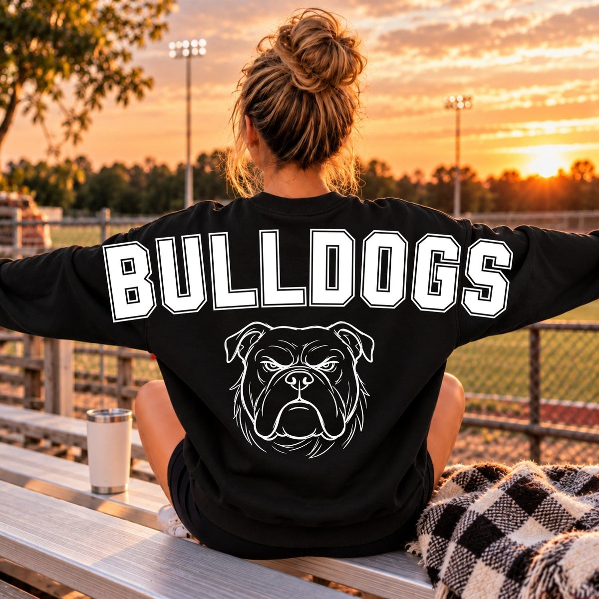 White Bulldogs lettering and bulldog back print on black sweatshirt
