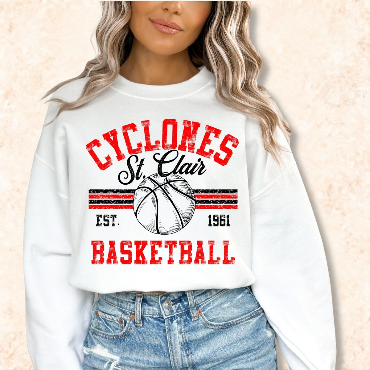 Cyclones basketball distress design on white long sleeve