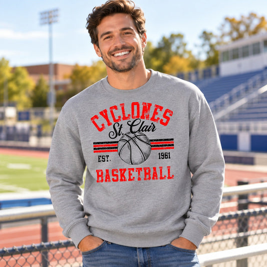 Cyclones basketball distress design on Ash Grey crewneck