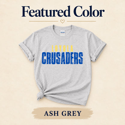 Loyola Crusaders distressed design featured on Ash Grey T-shirt