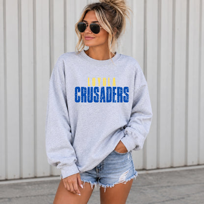 Loyola Crusaders distressed design on Ash Grey women's crewneck lifestyle mockup
