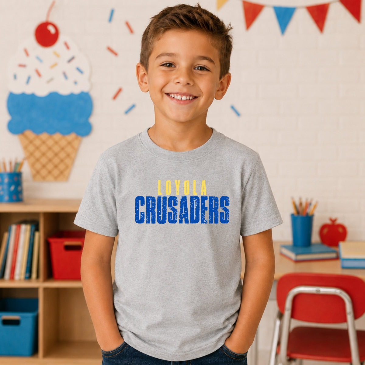 Loyola Crusaders distressed design on Ash Grey youth T-shirt mockup