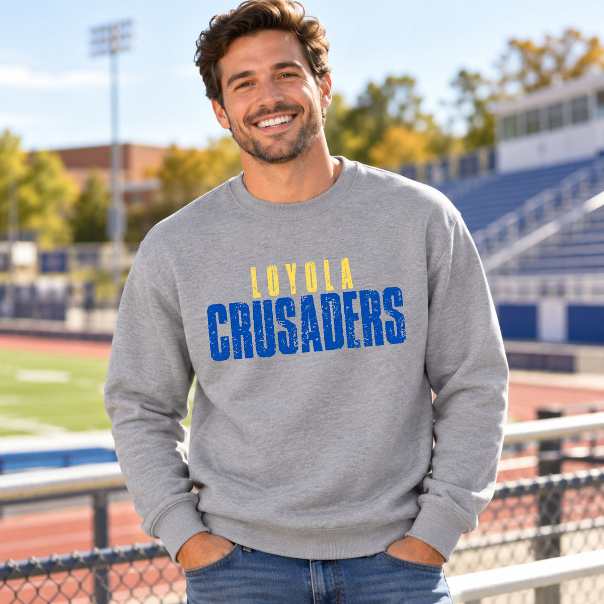 Loyola Crusaders distressed design on Ash Grey men's crewneck mockup