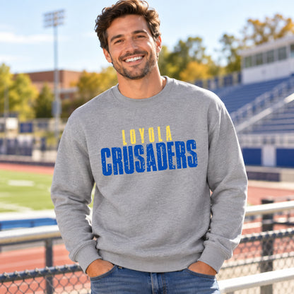 Loyola Crusaders distressed design on Ash Grey men's crewneck mockup