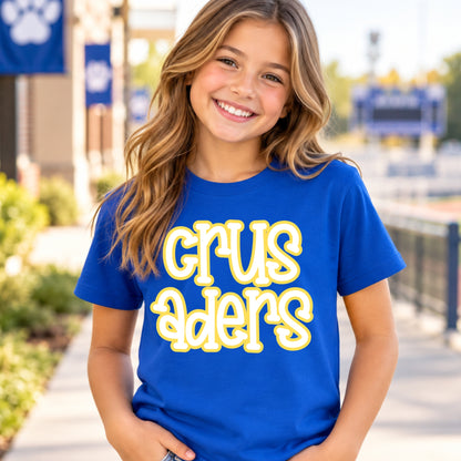 Youth model wearing Royal Blue Loyola stacked Crusaders T-shirt