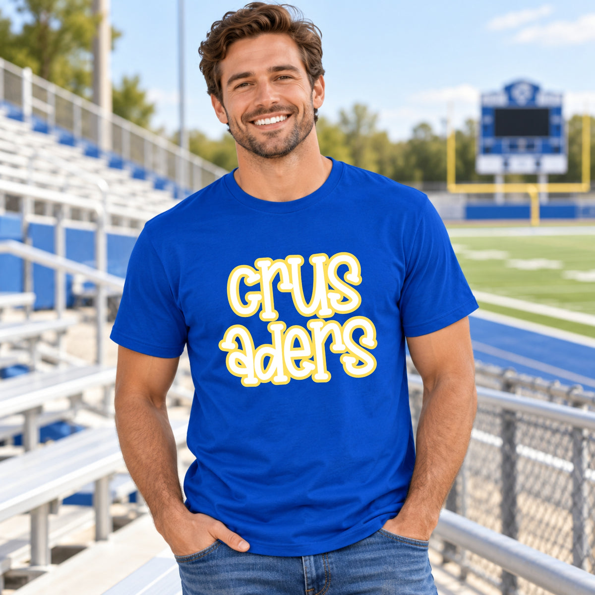 Adult model wearing Royal Blue Loyola stacked Crusaders T-shirt