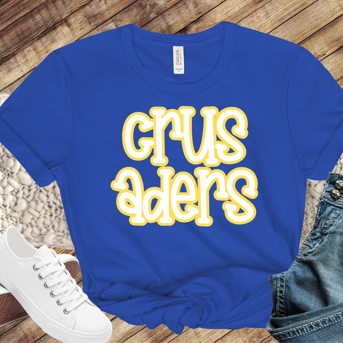 Royal Blue stacked Crusaders T-shirt flatlay