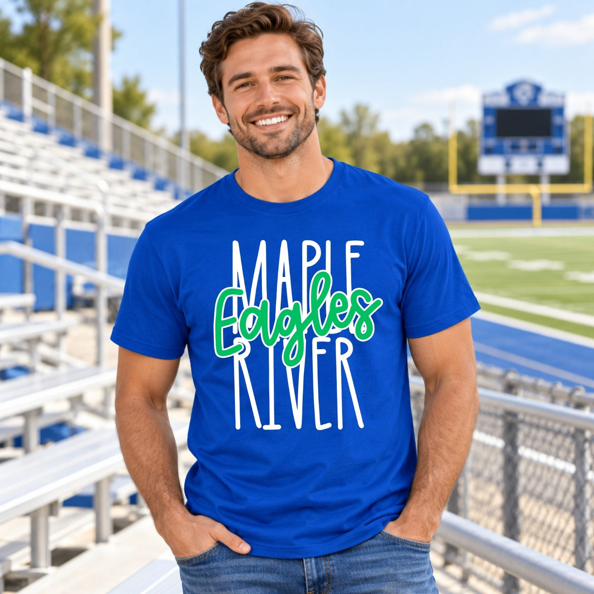 Maple River Eagles script design on a Royal Blue adult T-shirt
