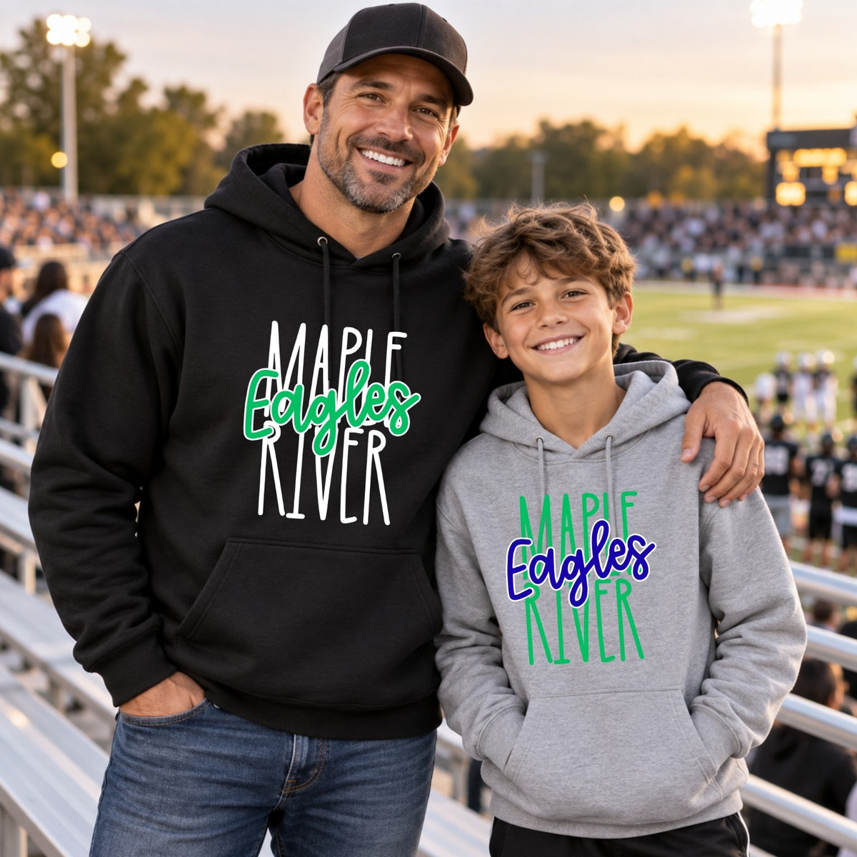 Maple River Eagles designs on a Black adult hoodie and Ash Grey youth hoodie