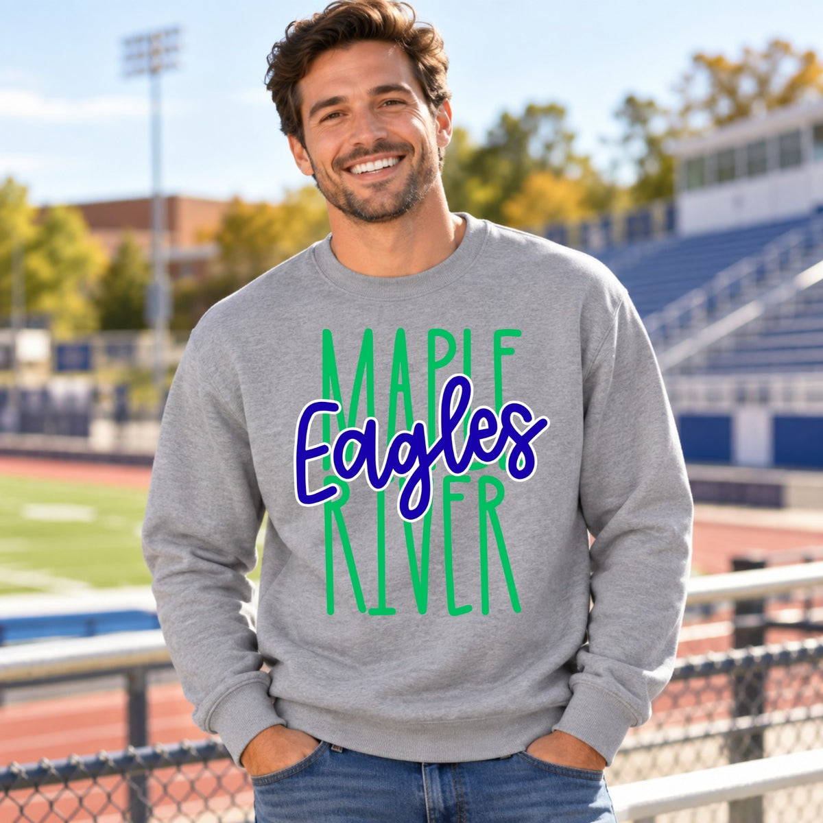 Maple River Eagles design on an Ash Grey adult crewneck sweatshirt