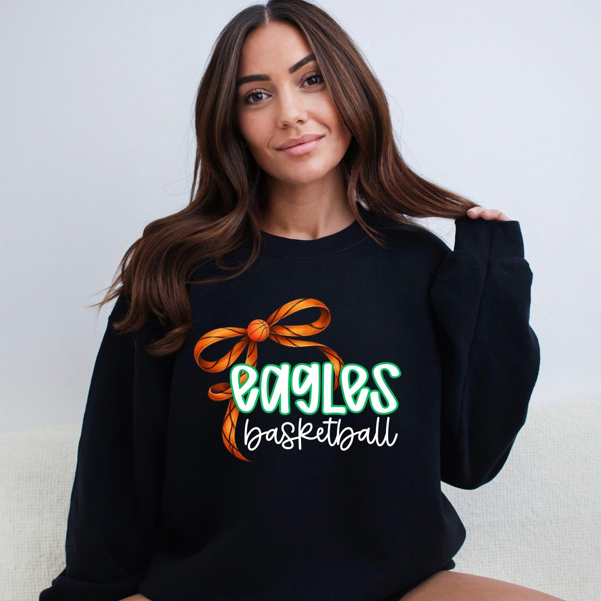 Maple River Eagles Basketball Bow design on black crewneck