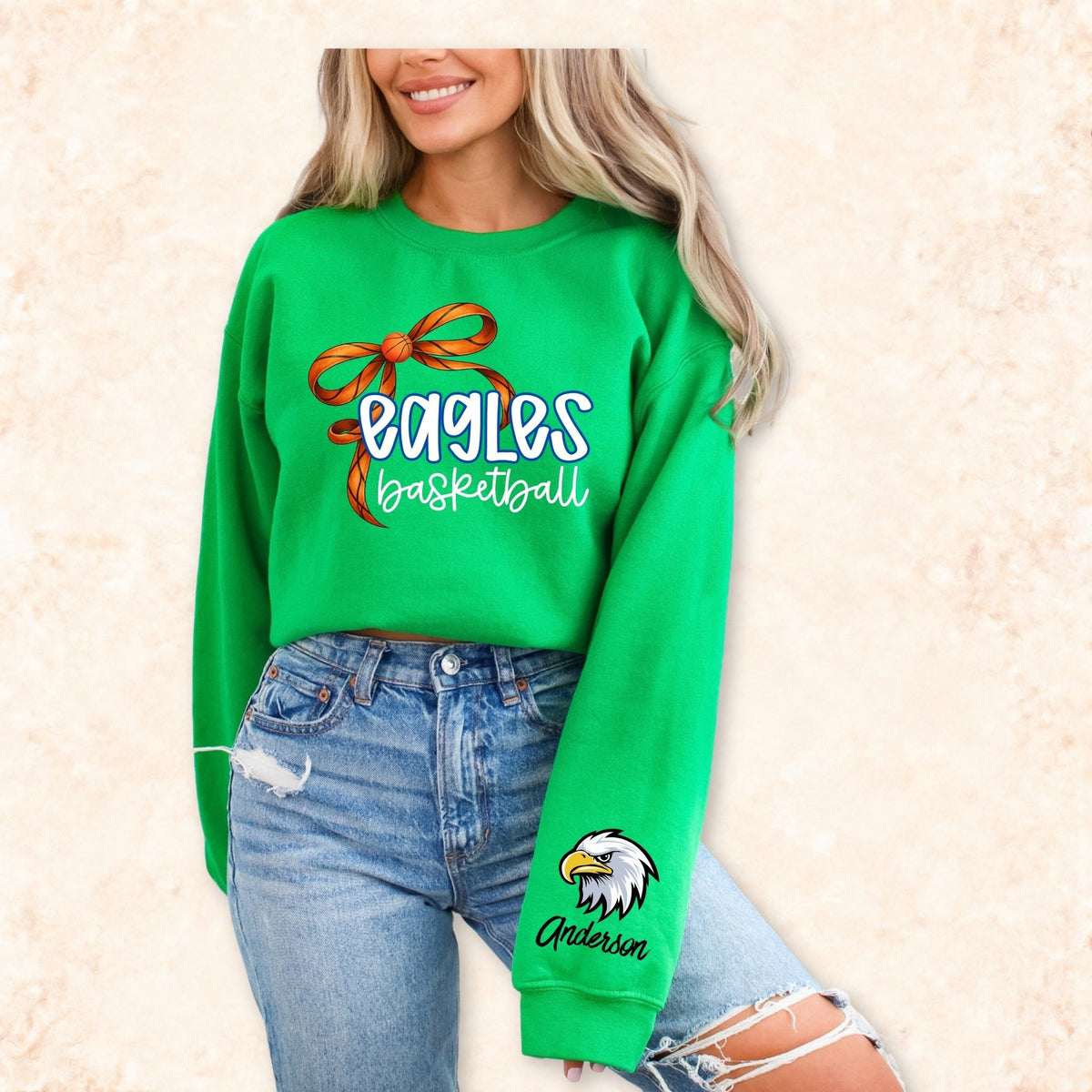 Maple River Eagles Basketball Bow design on Kelly Green long sleeve with eagle sleeve graphic