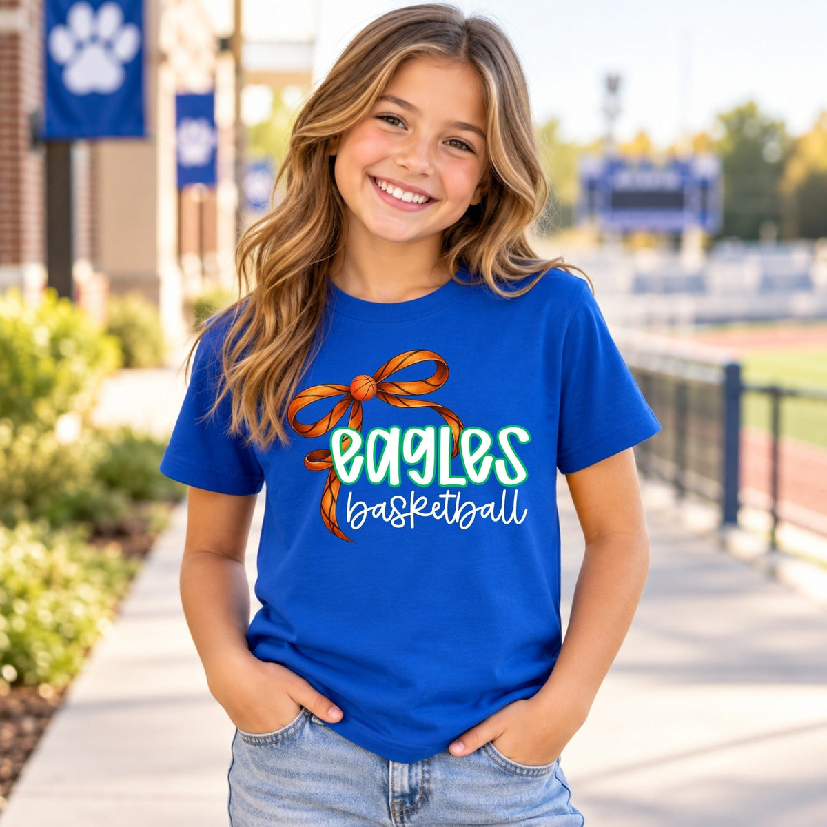 Maple River Eagles Basketball Bow design on Royal Blue youth T-shirt