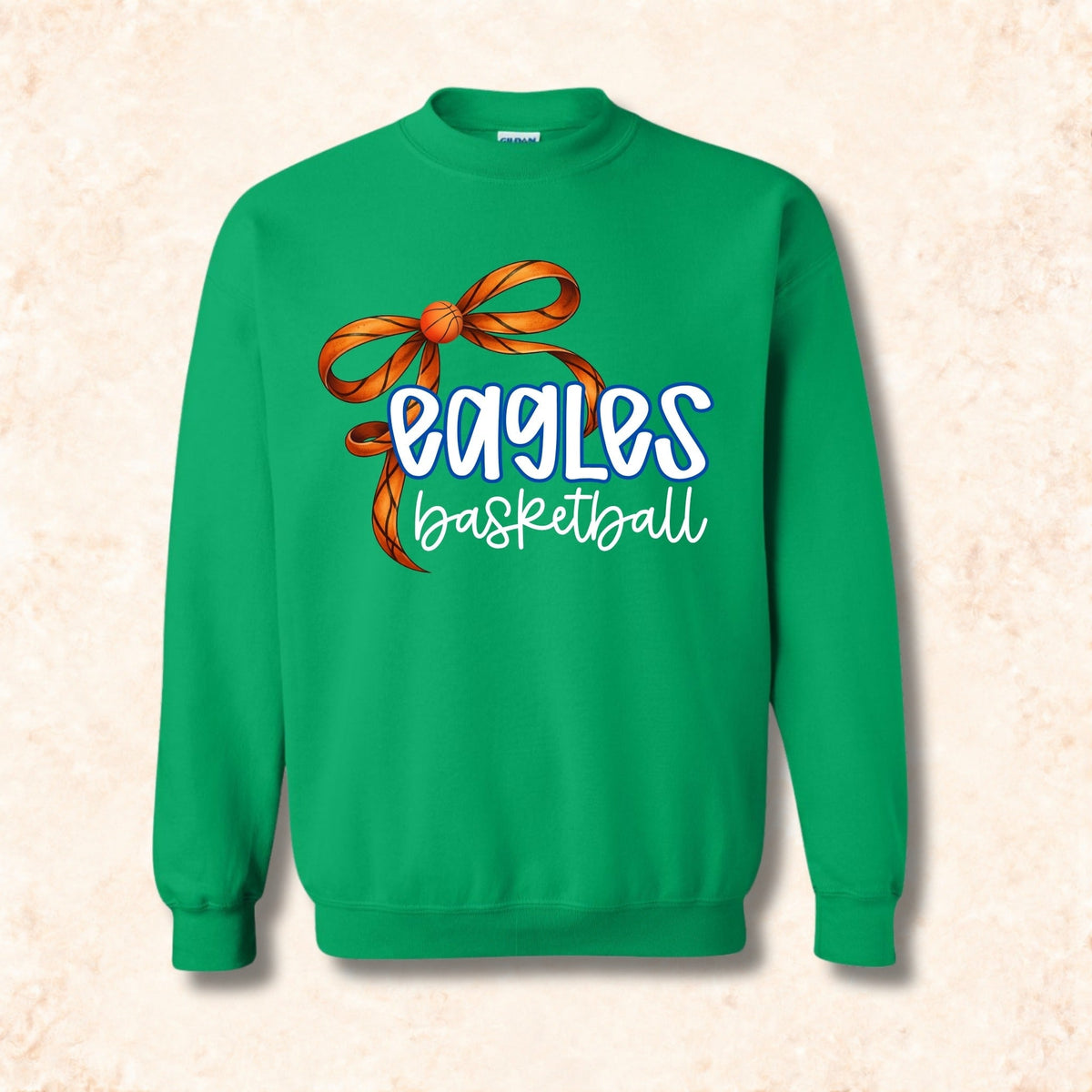 Maple River Eagles Basketball Bow design on Kelly Green crewneck