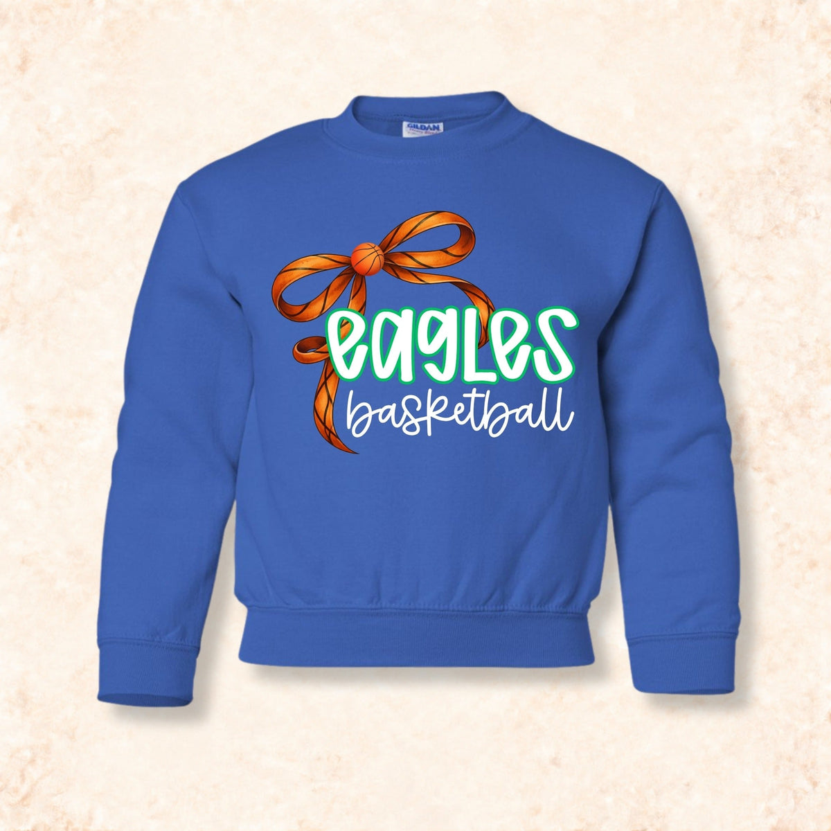 Maple River Eagles Basketball Bow design on Royal Blue crewneck