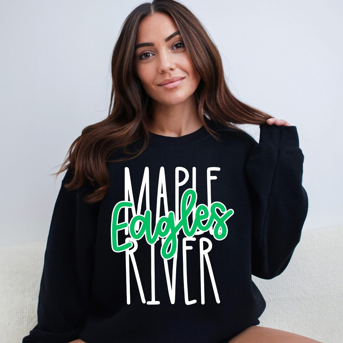 Maple River Eagles script design on a Black crewneck sweatshirt