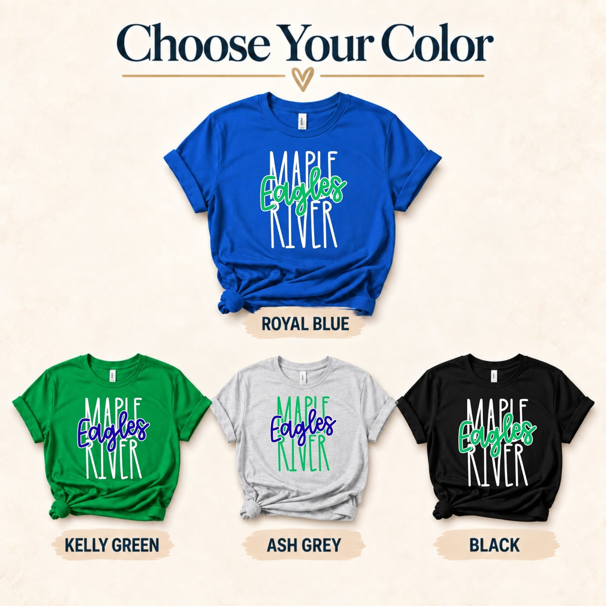 Maple River Eagles apparel colors: Royal Blue, Kelly Green, Ash Grey, and Black